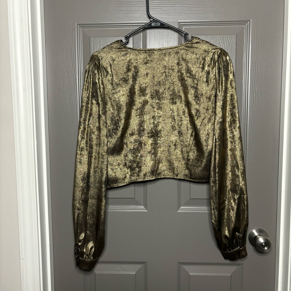 GUESS Shimmery Golden Bronzed Cropped Blouse Long Sleeves L New - Picture 5 of 9